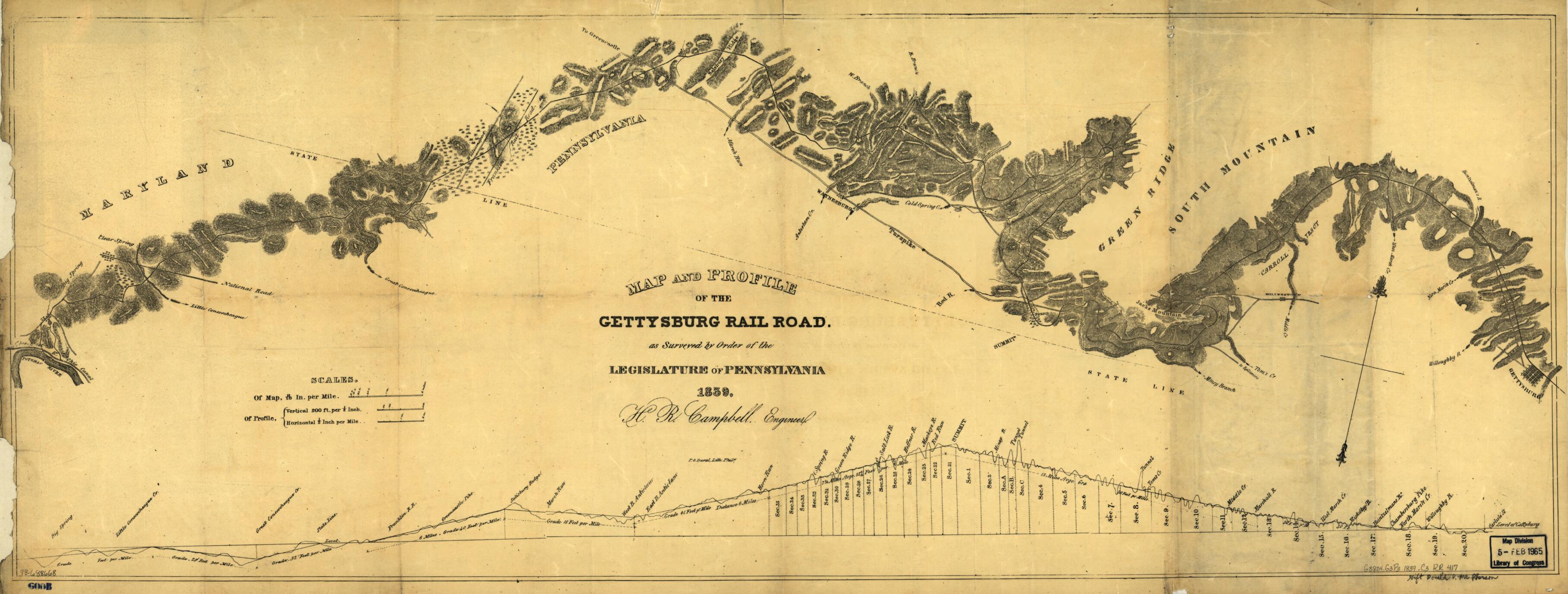 This old map of Map and Profile of the Gettysburg Rail Road As Surveyed by Order of the Legislature of Pennsylvania, from 1839 was created by Henry R. Campbell,  Gettysburg Railroad in 1839