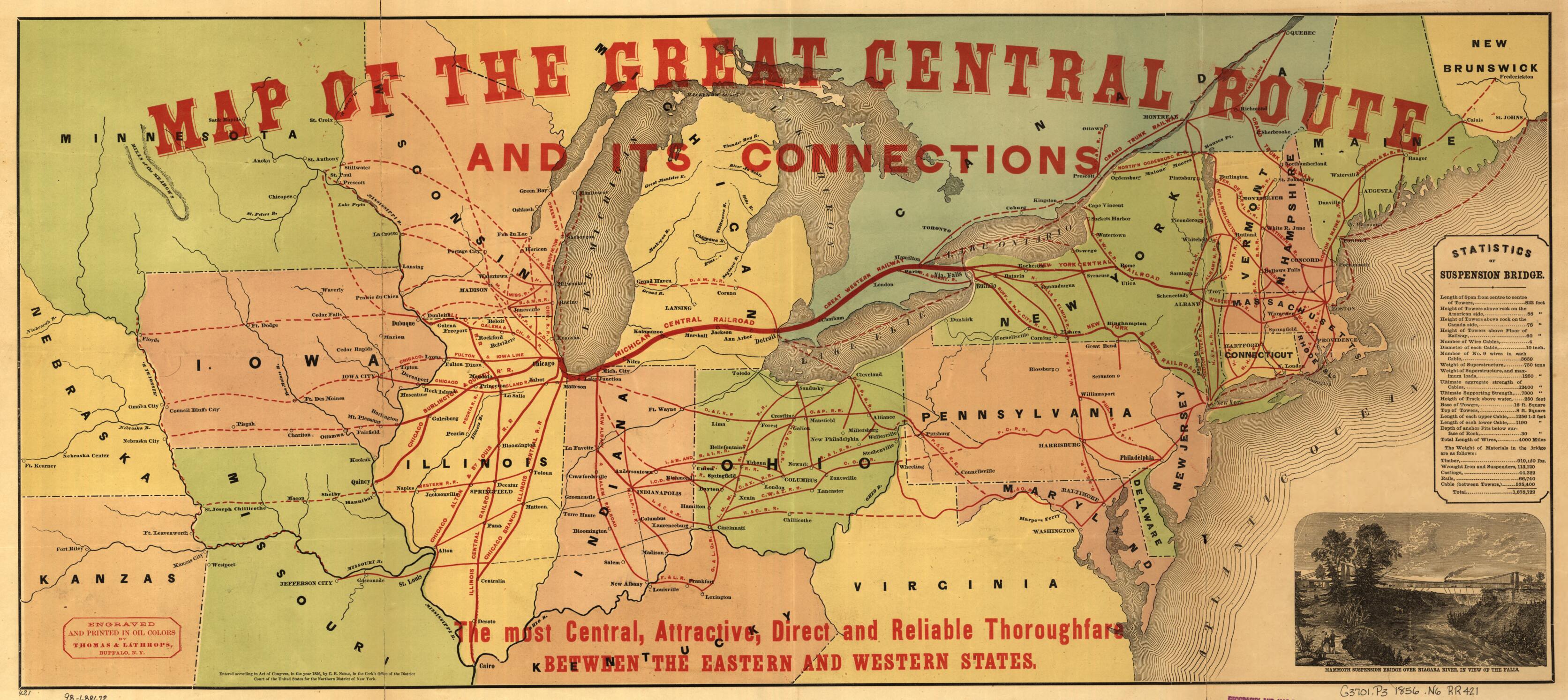 This old map of Map of the Great Central Route and Its Connections, the Most Central, Attractive, Direct and Reliable Thoroughfare Between the Eastern and Western States from 1856 was created by  Great Central Railway (U.S.), C. E. Noble in 1856