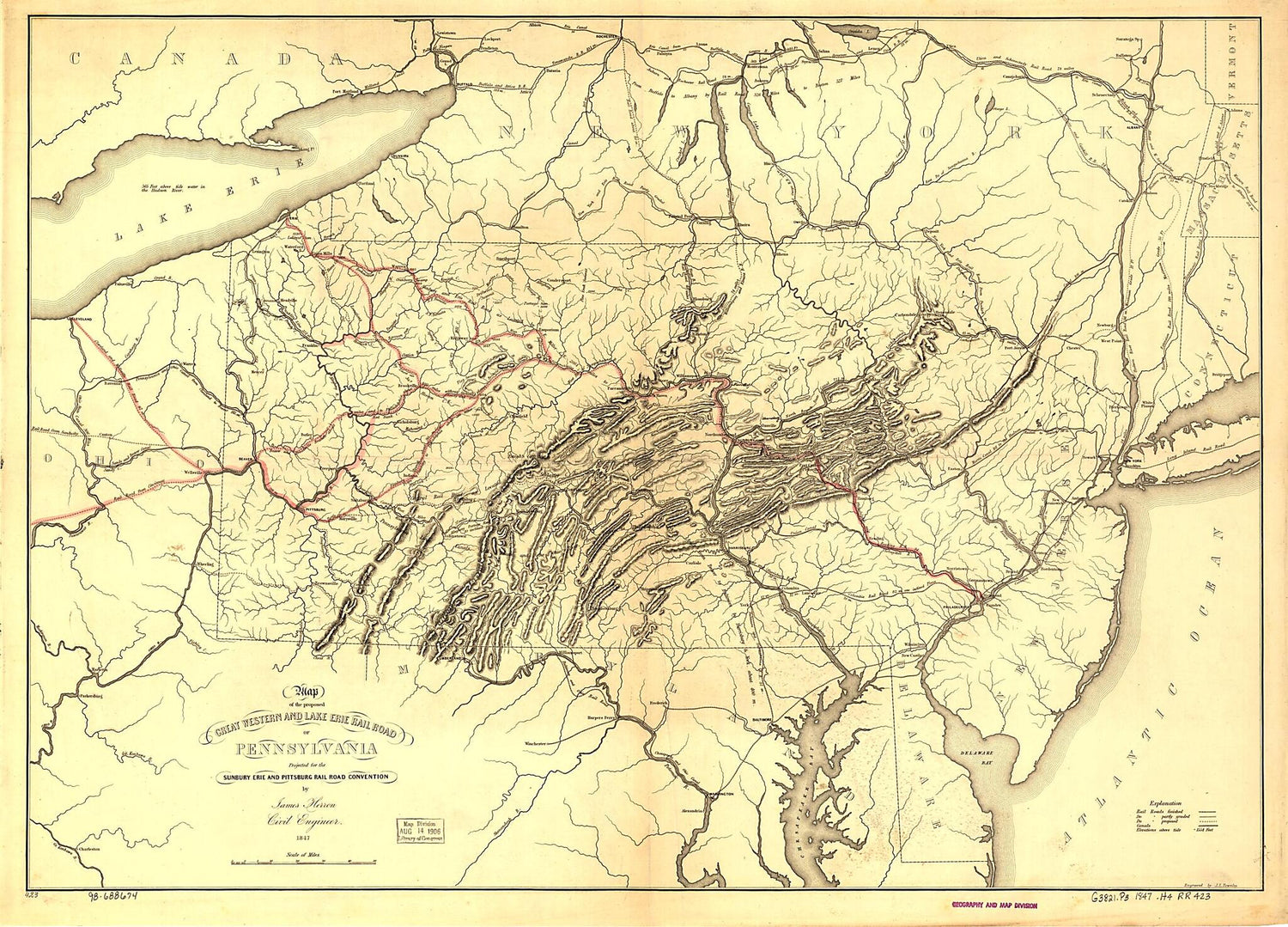 This old map of Map of the Proposed Great Western and Lake Erie Rail Road of Pennsylvania Projected for the Sunbury Erie and Pittsburg sic Rail Road Convention by James Herron Civil Engineer from 1847 was created by  Great Western and Lake Erie Railroad,