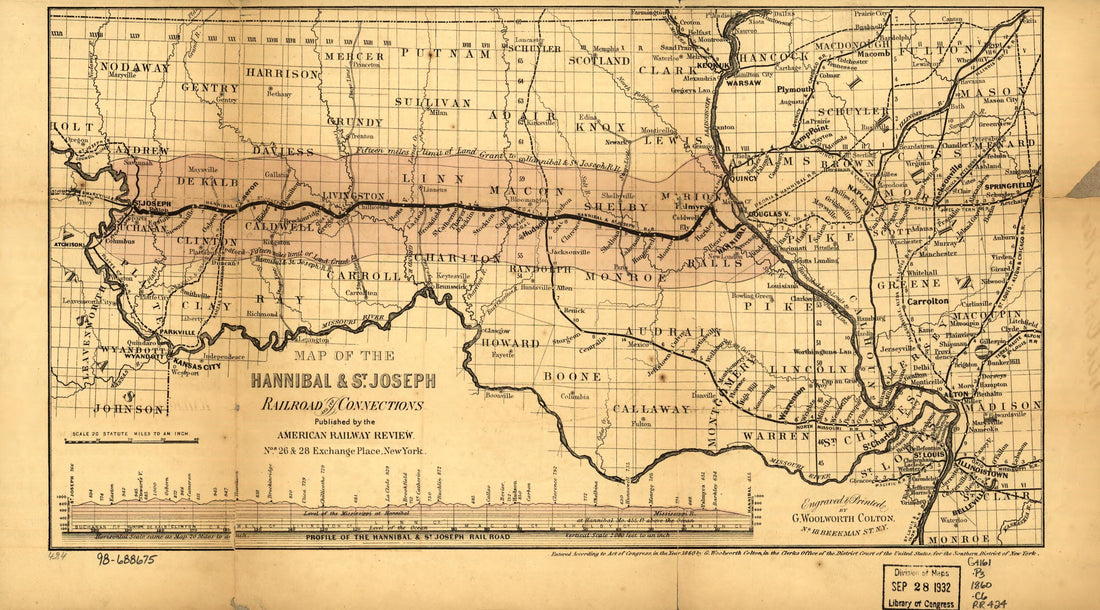 This old map of Map of the Hannibal &amp; St. Joseph Railroad and Its Connections Published by the American Railway Review, New York from 1860 was created by G. Woolworth (George Woolworth) Colton,  Hannibal and St. Joseph Railroad Company in 1860