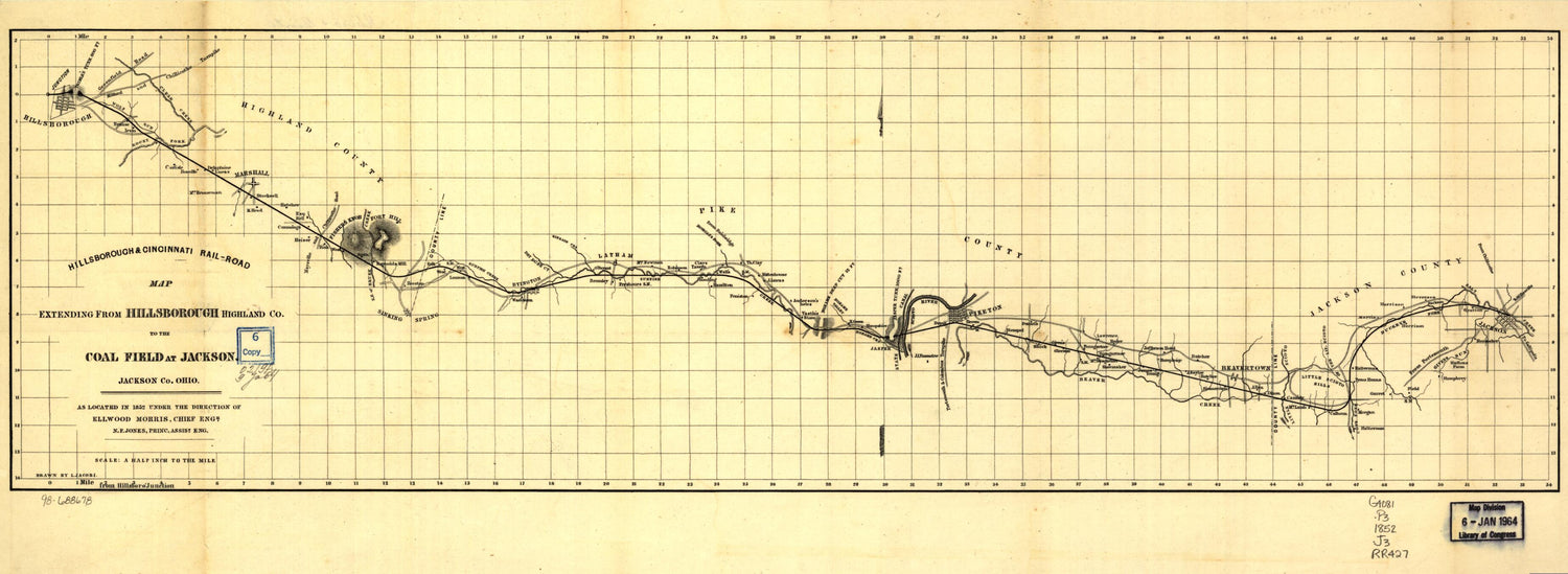 This old map of Road Map Extending from Hillsborough, Highland Co. to the Coal Field at Jackson, Jackson Co. Ohio; As Located In from 1852 Under the Direction of Ellwood Morris, Chief Engr. N. F. Jones, Princ. Assist. Eng was created by  Hillsborough and