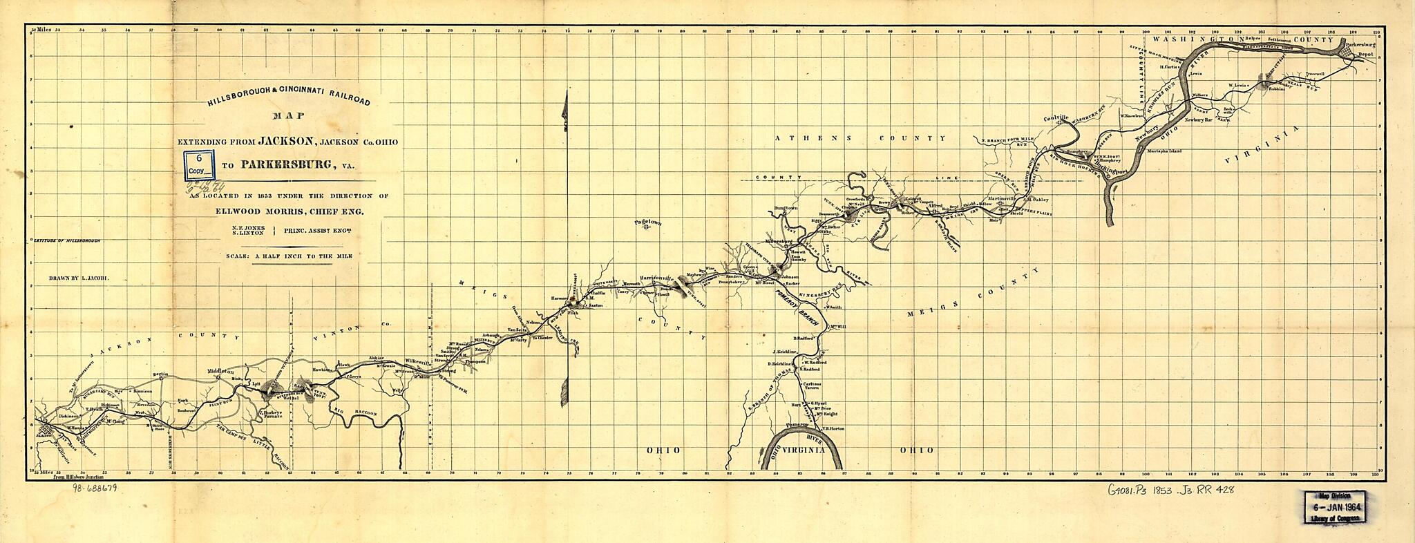 This old map of Hillsborough &amp; Cincinnati Railroad Map Extending from Jackson, Jackson County Ohio to Parkersburg, Va., As Located In from 1853 Under the Direction of Ellwood Morris, Chief Eng. N. E. Jones, S. Linton, Princ. Assist. Engrs was created by 