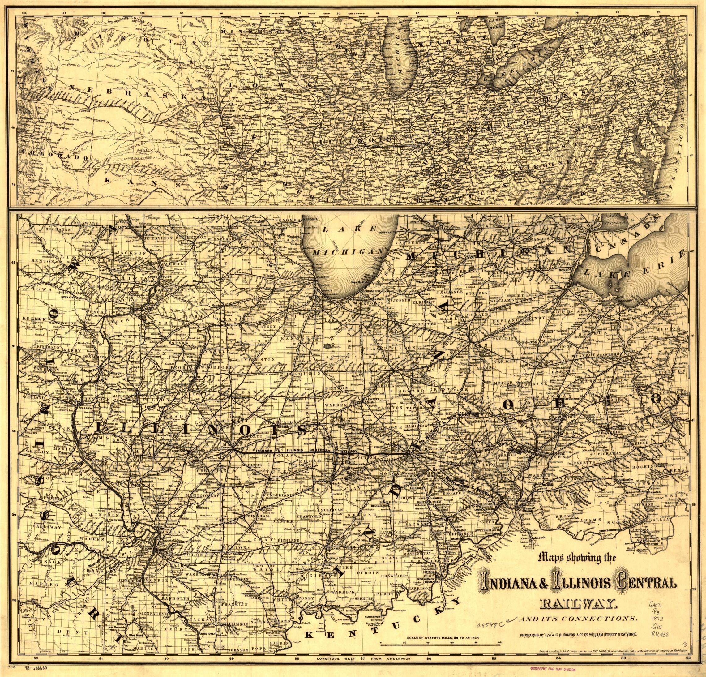 This old map of Map Showing the Indiana &amp; Illinois Central Railway and Its Connections from 1872 was created by  G.W. &amp; C.B. Colton &amp; Co,  Indiana and Illinois Central Railway Company in 1872