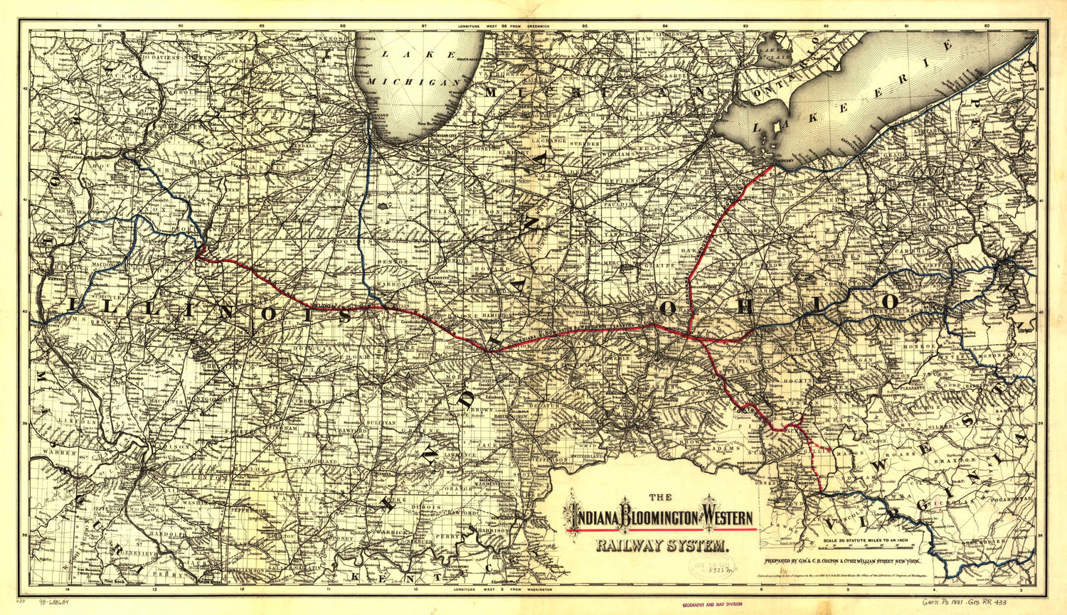 This old map of The Indiana, Bloomington and Western Railway System from 1881 was created by  G.W. &amp; C.B. Colton &amp; Co, Bloomington Indiana in 1881