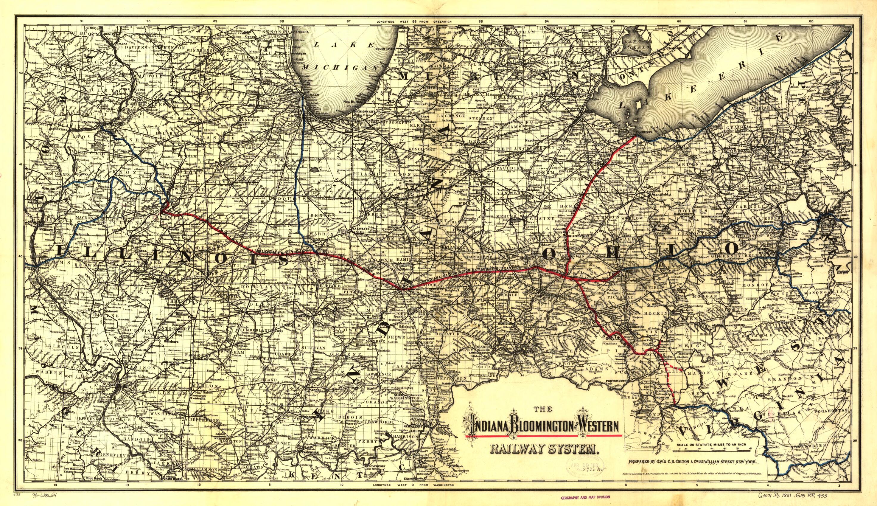 This old map of The Indiana, Bloomington and Western Railway System from 1881 was created by  G.W. &amp; C.B. Colton &amp; Co, Bloomington Indiana in 1881