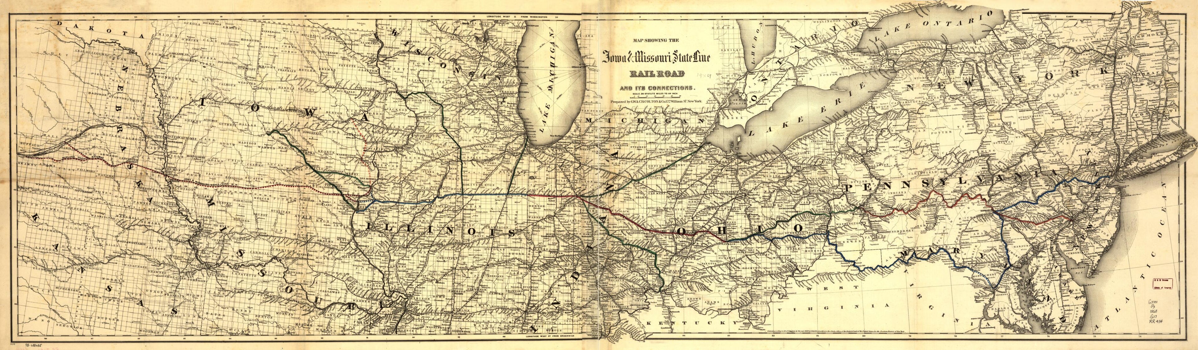 This old map of Map Showing the Iowa &amp; Missouri State Line Railroad and Its Connections from 1868 was created by  G.W. &amp; C.B. Colton &amp; Co,  Iowa &amp; Missouri State Line Railroad in 1868