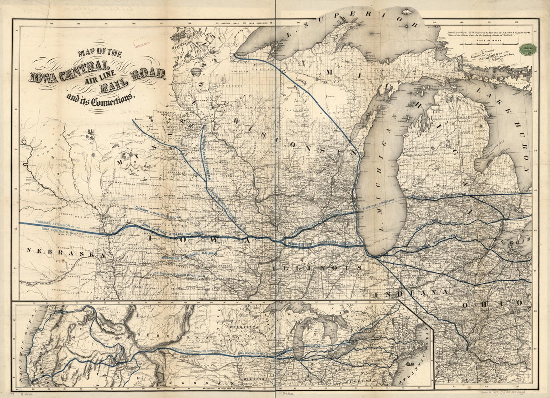 This old map of Map of the Iowa Central Air Line Rail Road and Its Connections from 1857 was created by  Iowa Central Air Line Railroad,  J.H. Colton &amp; Co in 1857