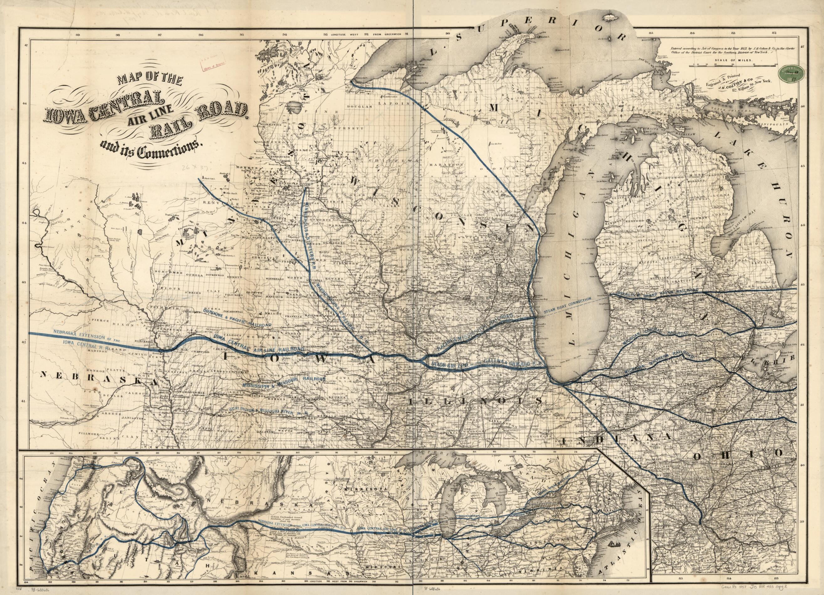 This old map of Map of the Iowa Central Air Line Rail Road and Its Connections from 1857 was created by  Iowa Central Air Line Railroad,  J.H. Colton &amp; Co in 1857