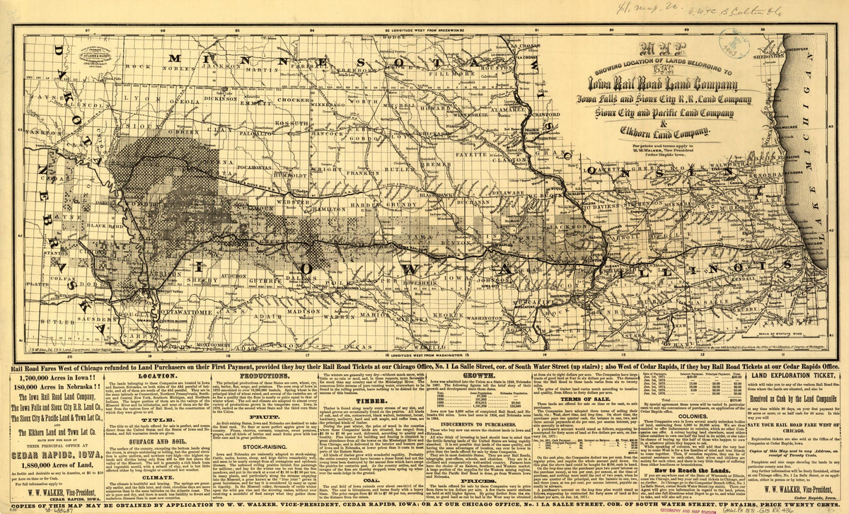 Map Showing Location of Lands Belonging to the Iowa Rail Road Land Company Iowa Falls, and Sioux City R.R. Land Company Sioux City, and Pacific Land Company &amp; Elkhorn Land Company, J. T. McAlvin, Del. I.R.R. Land Department, Cedar Rapids, Iowa, 1871 by Relic Map Company
