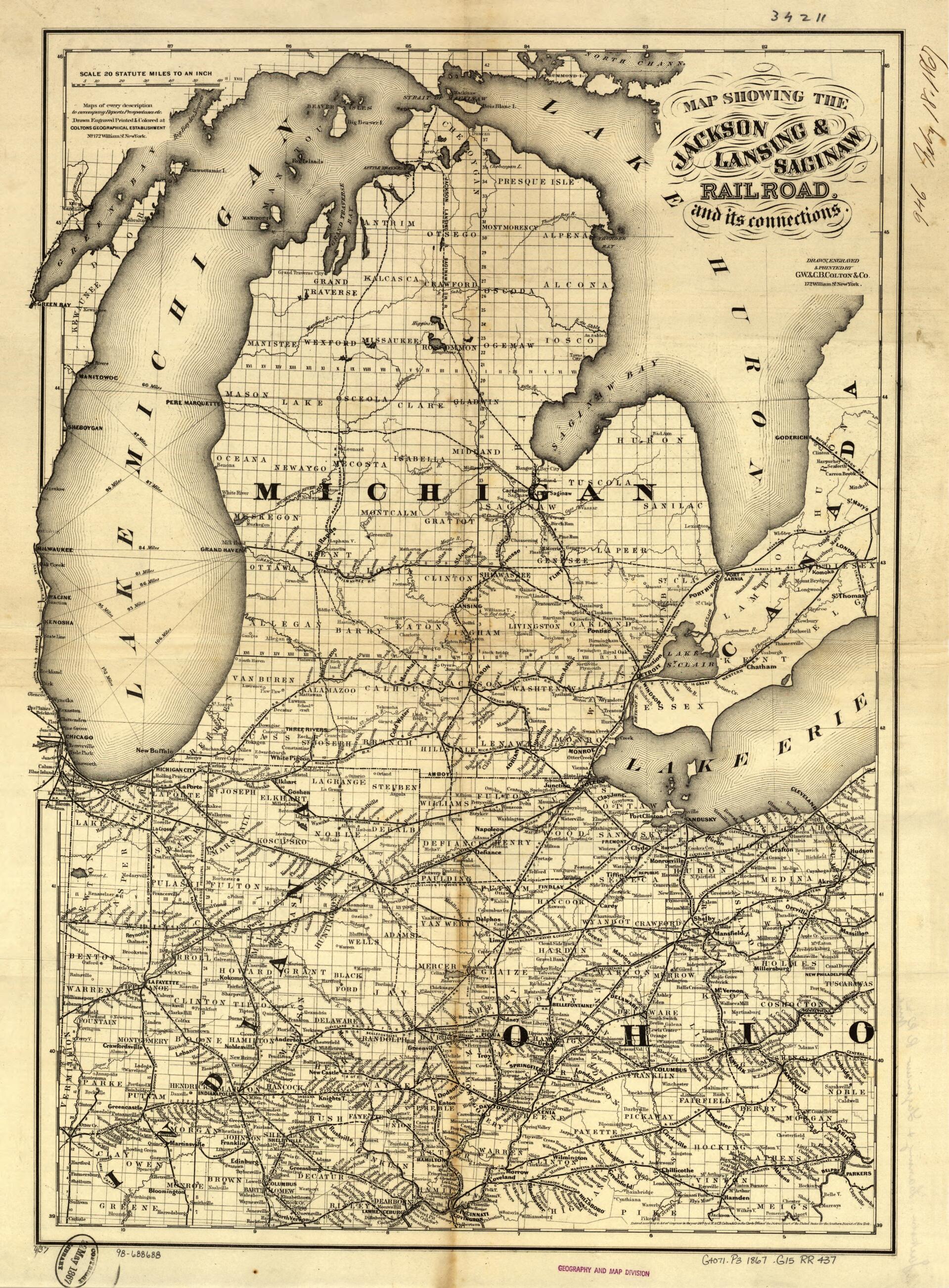 This old map of Map Showing the Jackson, Lansing &amp; Saginaw Railroad and Its Connections from 1867 was created by  G.W. &amp; C.B. Colton &amp; Co, Lansing Jackson in 1867