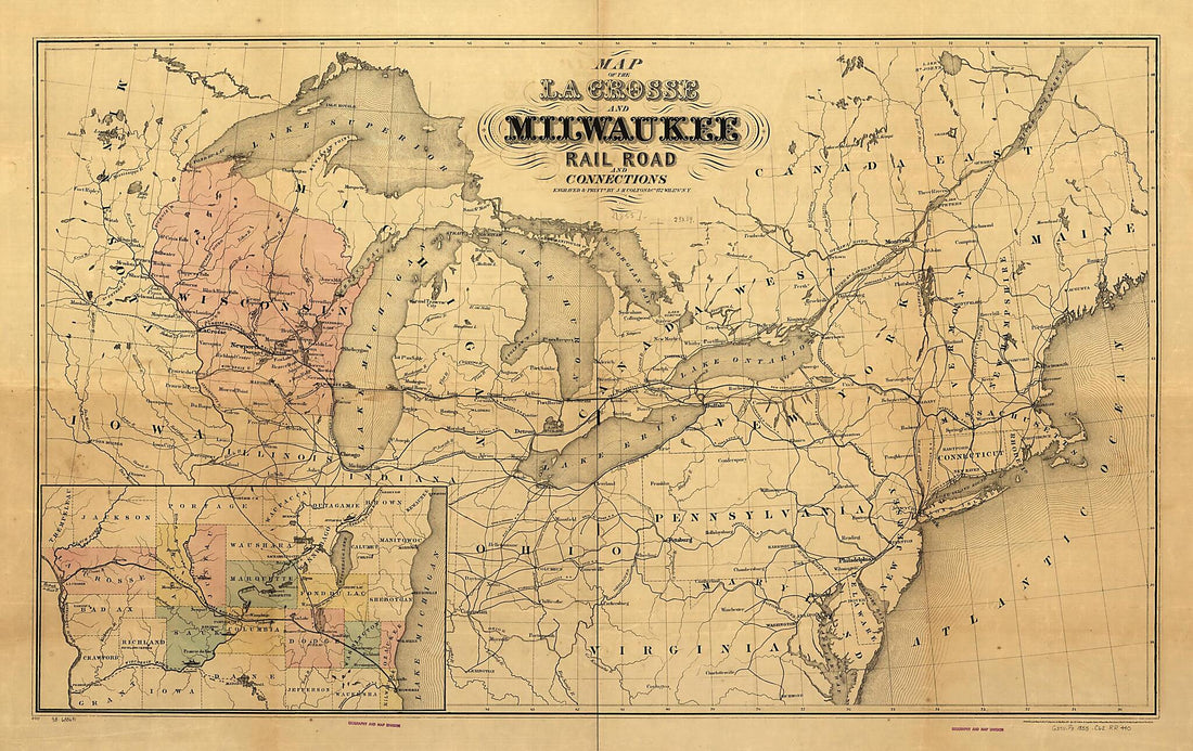 This old map of Map of the La Crosse and Milwaukee Rail Road and Connections from 1855 was created by J. H. (Joseph Hutchins) Colton,  La Crosse and Milwaukee Railroad Company in 1855