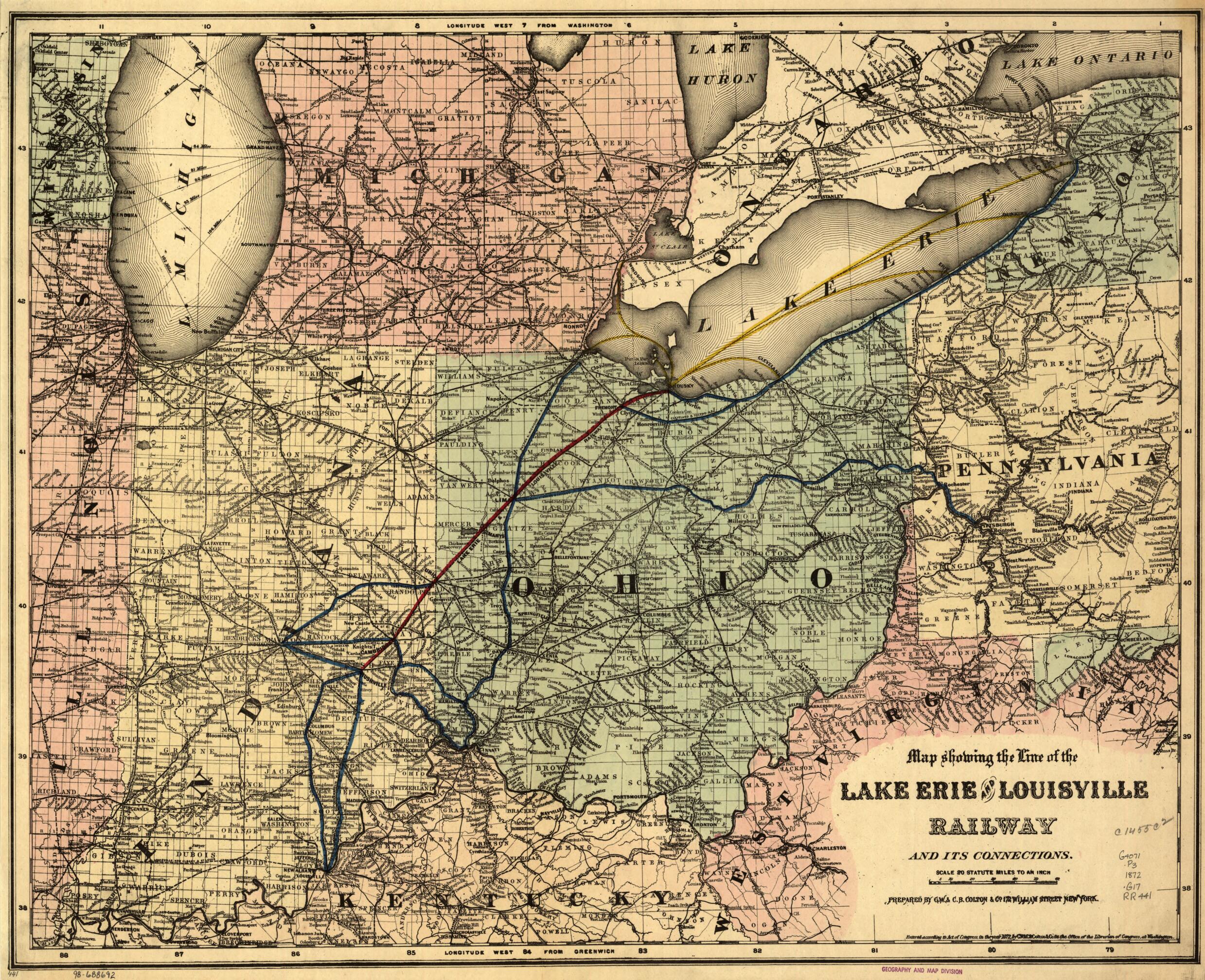 This old map of Map Showing the Line of the Lake Erie and Louisville Railway and Its Connections from 1872 was created by  G.W. &amp; C.B. Colton &amp; Co,  Lake Erie &amp; Louisville Railway Company in 1872