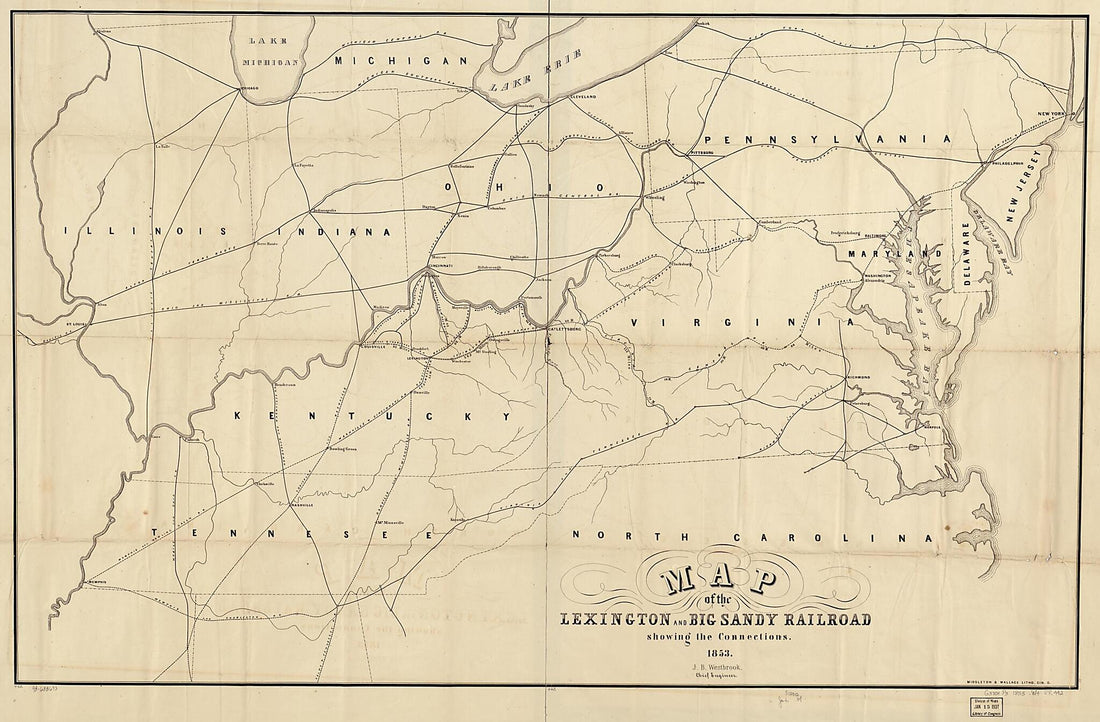 This old map of Map of the Lexington and Big Sandy Railroad Showing the Connections, from 1853, J. B. Westbrook, Chief Engineer was created by  Lexington and Big Sandy Railroad, J. B. Westbrook in 1853