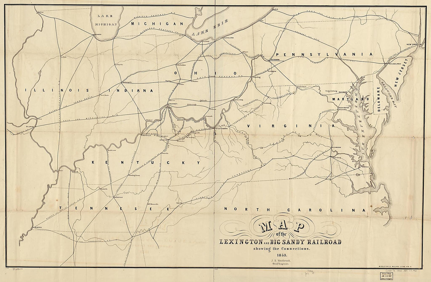 This old map of Map of the Lexington and Big Sandy Railroad Showing the Connections, from 1853, J. B. Westbrook, Chief Engineer was created by  Lexington and Big Sandy Railroad, J. B. Westbrook in 1853