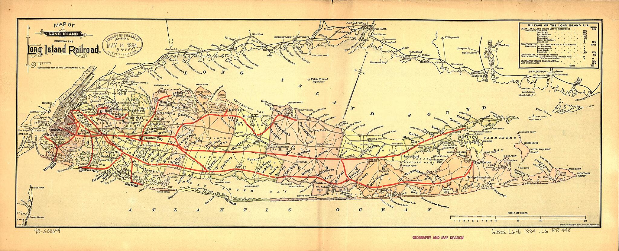 This old map of Map of Long Island Showing the Long Island Railroad from 1884 was created by  Long Island Rail Road in 1884