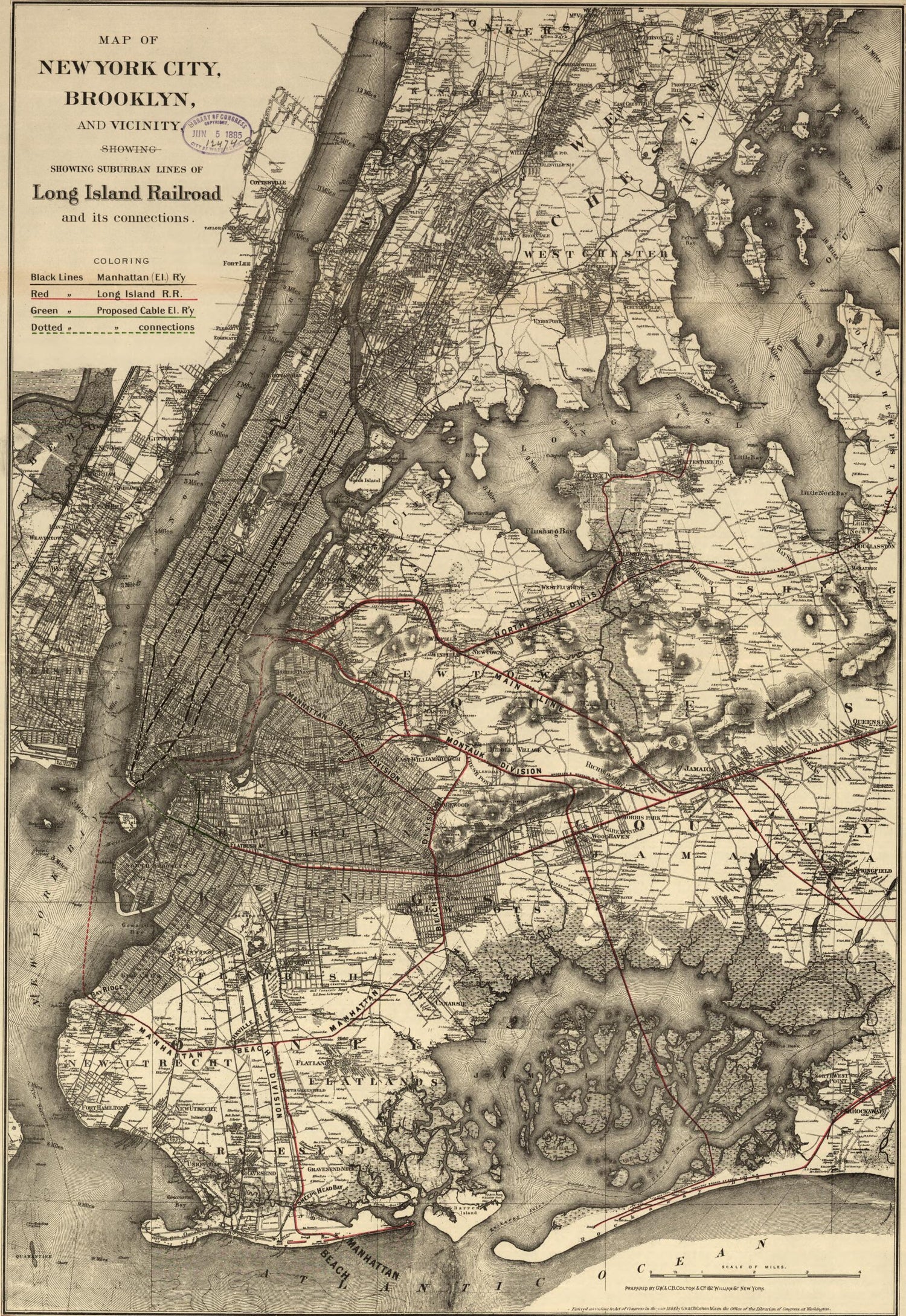 This old map of Map of New York City, Brooklyn, and Vicinity, Shewing sic Suburban Lines of Long Island Railroad and Its Connections from 1885 was created by  G.W. &amp; C.B. Colton &amp; Co,  Long Island Rail Road in 1885