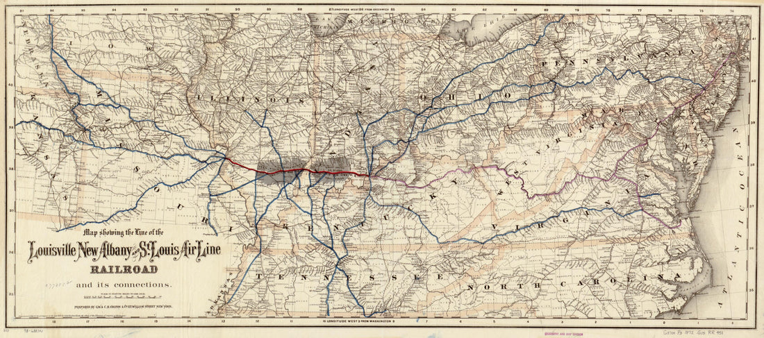 This old map of Map Showing the Line of the Louisville, New Albany, and St. Louis Air Line Railroad and Its Connections from 1872 was created by  G.W. &amp; C.B. Colton &amp; Co, New Albany Louisville in 1872