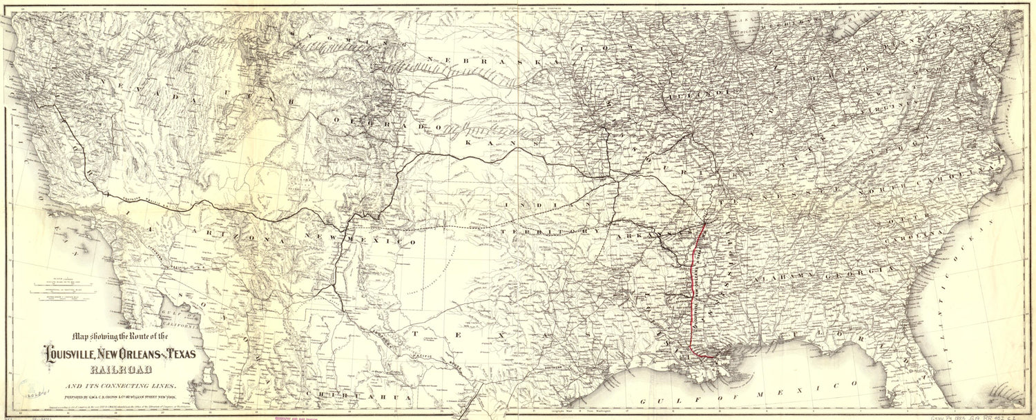 This old map of Map Showing the Route of the Louisville, New Orleans, and Texas Railroad and Its Connecting Lines from 1883 was created by  G.W. &amp; C.B. Colton &amp; Co, New Orleans Louisville in 1883