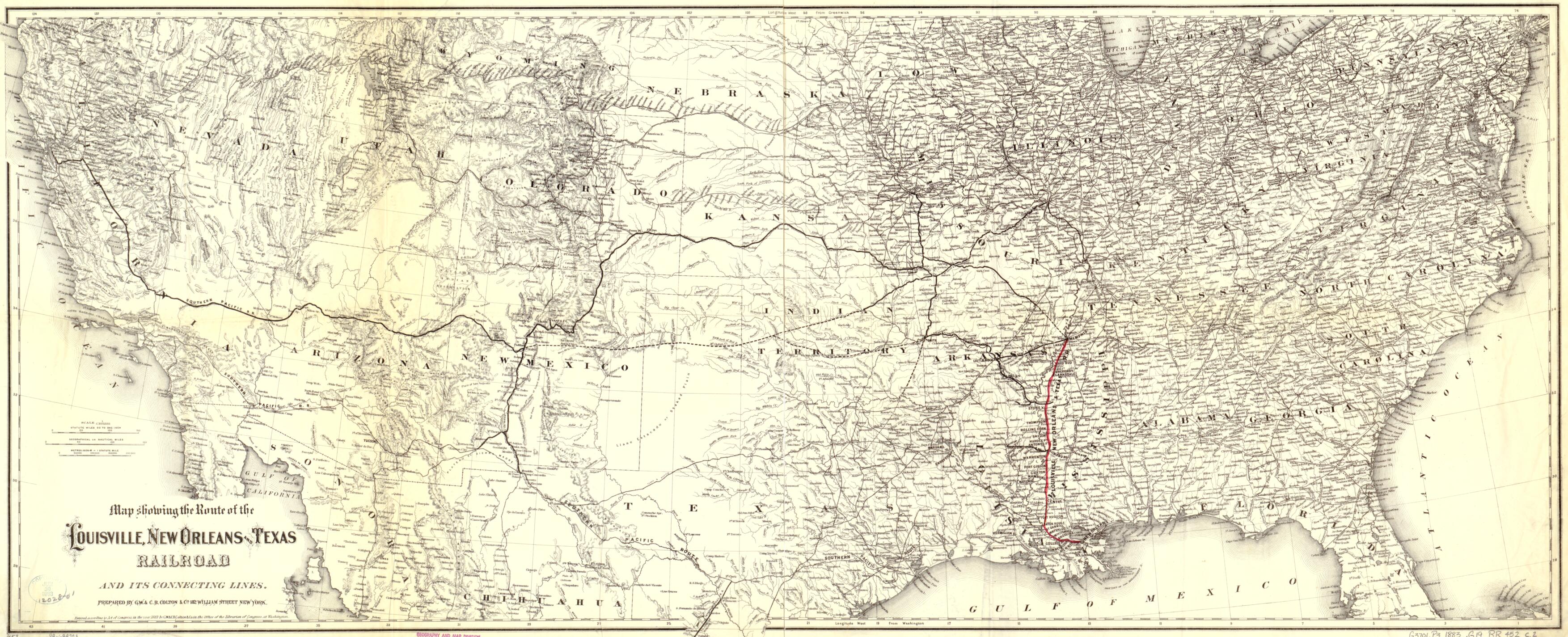 This old map of Map Showing the Route of the Louisville, New Orleans, and Texas Railroad and Its Connecting Lines from 1883 was created by  G.W. &amp; C.B. Colton &amp; Co, New Orleans Louisville in 1883