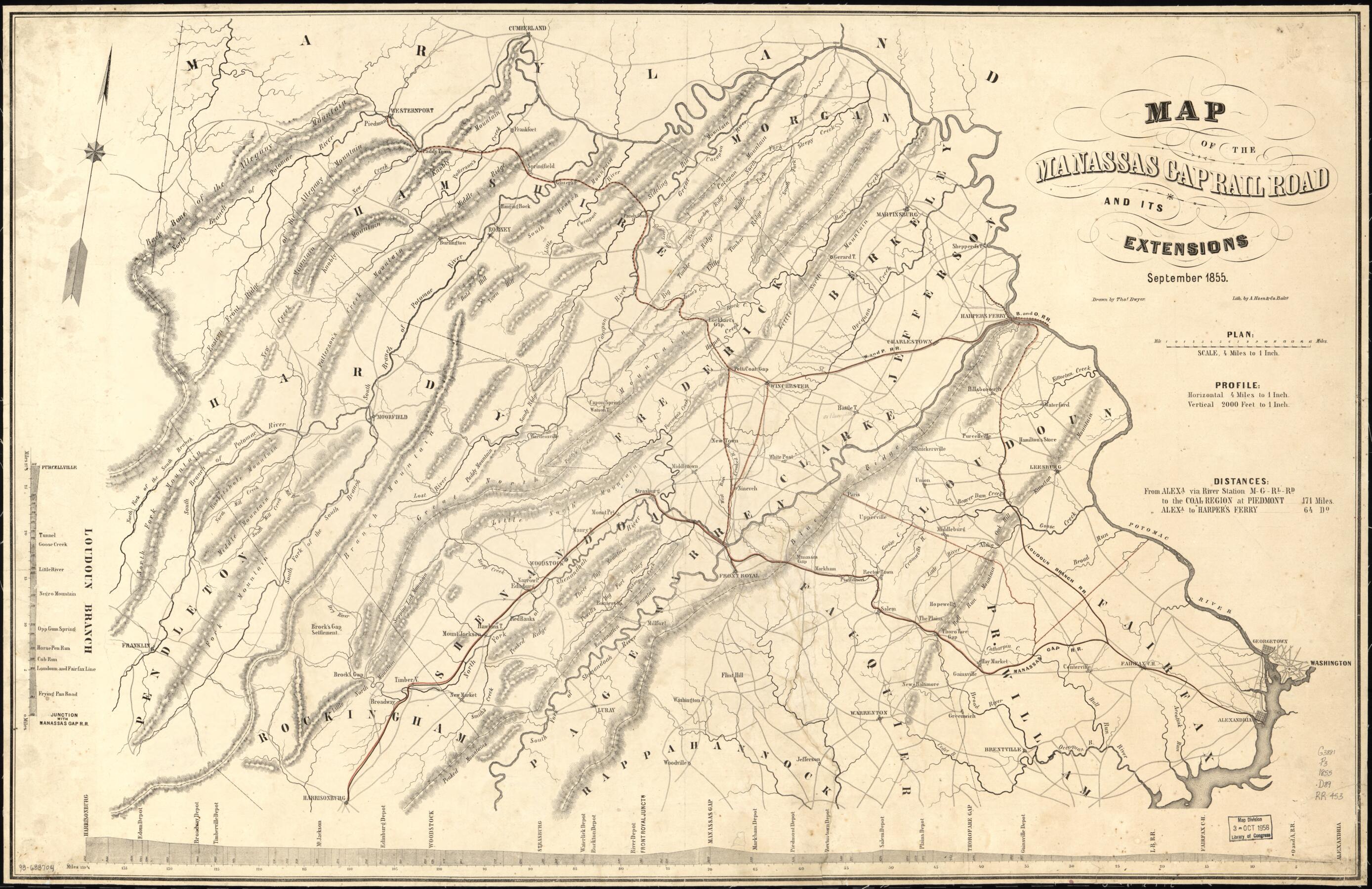 This old map of Map of the Manassas Gap Railroad and Its Extensions; September, from 1855 was created by Thomas Dwyer,  Manassas Gap Railroad Company in 1855