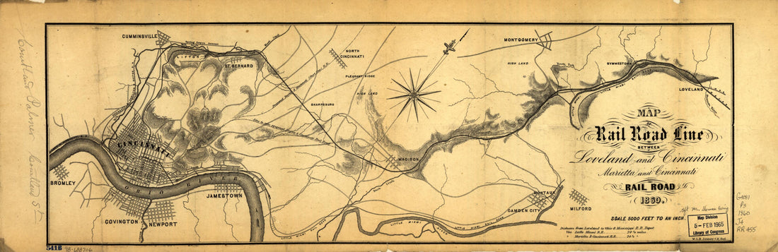 This old map of Map of Rail Road Line Between Loveland and Cincinnati; Marietta and Cincinnati Rail Road from 1860 was created by W. L. B. (William Le Baron) Jenney,  Marietta and Cincinnati Railroad Company in 1860