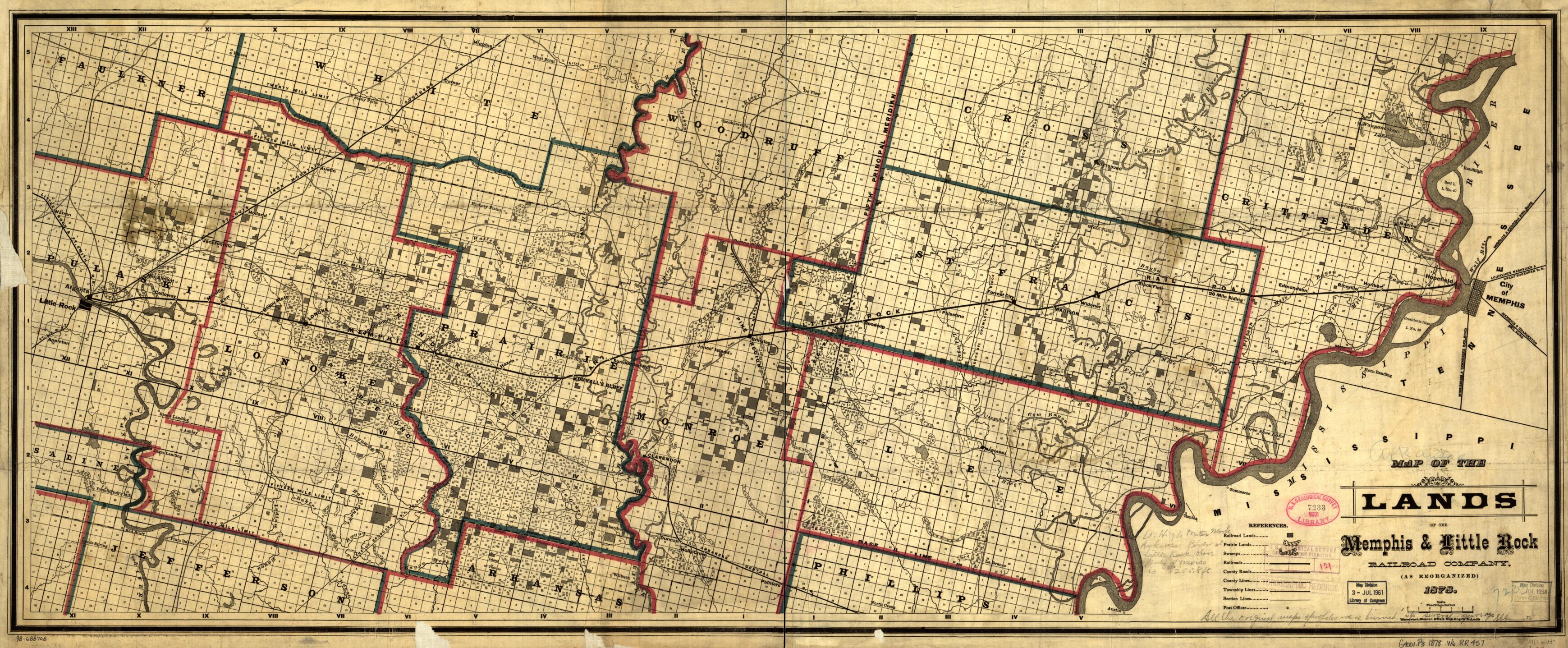 This old map of Map of the Lands of the Memphis &amp; Little Rock Railroad Company (as Reorganized) from 1878 was created by  Memphis and Little Rock Railroad Company, Tiernan Woodward in 1878