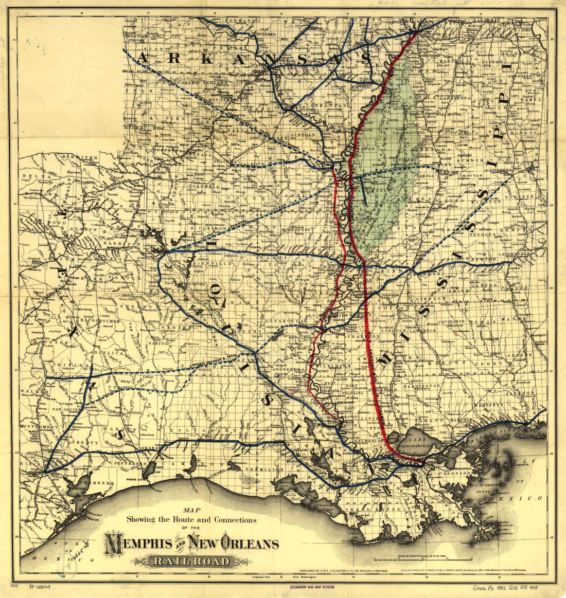 This old map of Map Showing the Route and Connections of the Memphis and New Orleans Railroad from 1882 was created by  G.W. &amp; C.B. Colton &amp; Co,  Memphis and New Orleans Railroad in 1882