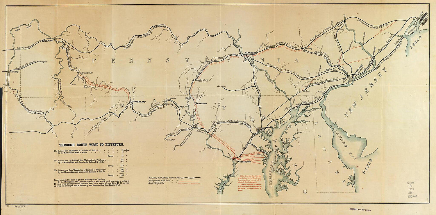 This old map of Through Route West to Pittsburg sic from 1853 was created by Washington [Metropolitan Railroad Company (Georgetown, Washington Metropolitan Railroad Company (Georgetown in 1853