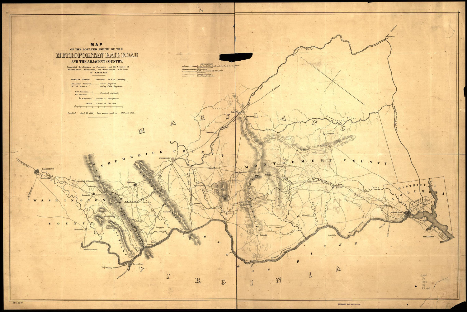 This old map of Map of the Located Route of the Metropolitan Rail Road and the Adjacent Country Comprising the District of Columbia and the Counties of Montgomery, Frederick, and Washington In the State of Maryland, Francis Dodge President M.R.R. Company