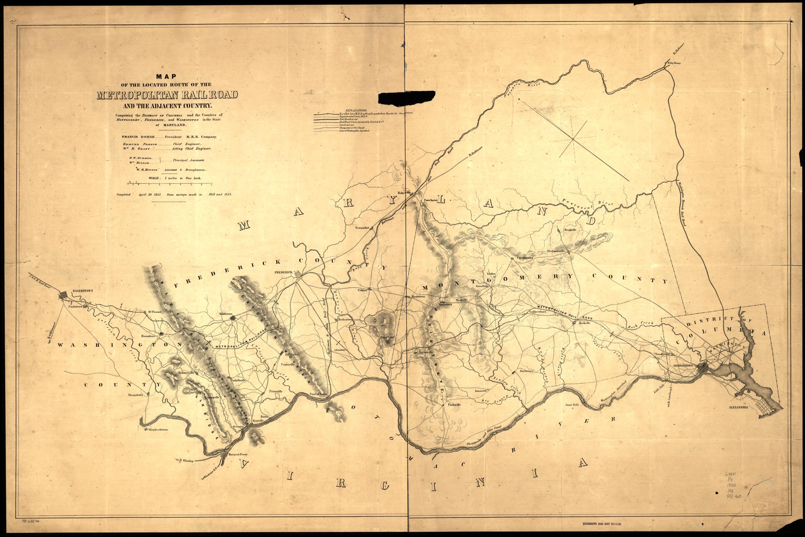 This old map of Map of the Located Route of the Metropolitan Rail Road and the Adjacent Country Comprising the District of Columbia and the Counties of Montgomery, Frederick, and Washington In the State of Maryland, Francis Dodge President M.R.R. Company