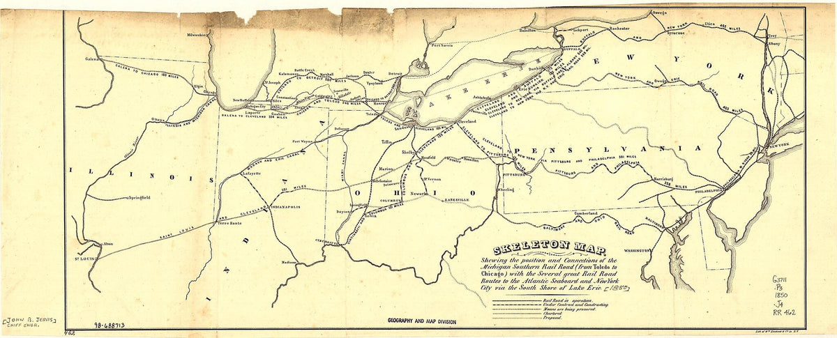 Skeleton Map, Showing the Position and Connections of the Michigan Southern Rail Road (from Toledo to Chicago) With the Several Great Rail Road Routes to the Atlantic Seaboard and New York City Via the South Shore of Lake Erie 1850 by Relic Map Company