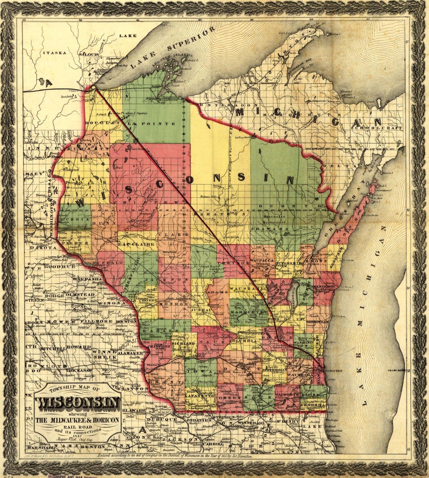 This old map of Township Map of Wisconsin Showing the Milwaukee &amp; Horicon Rail Road and Its Connections from 1857 was created by  Milwaukee and Horicon Railroad, Jasper Vliet in 1857