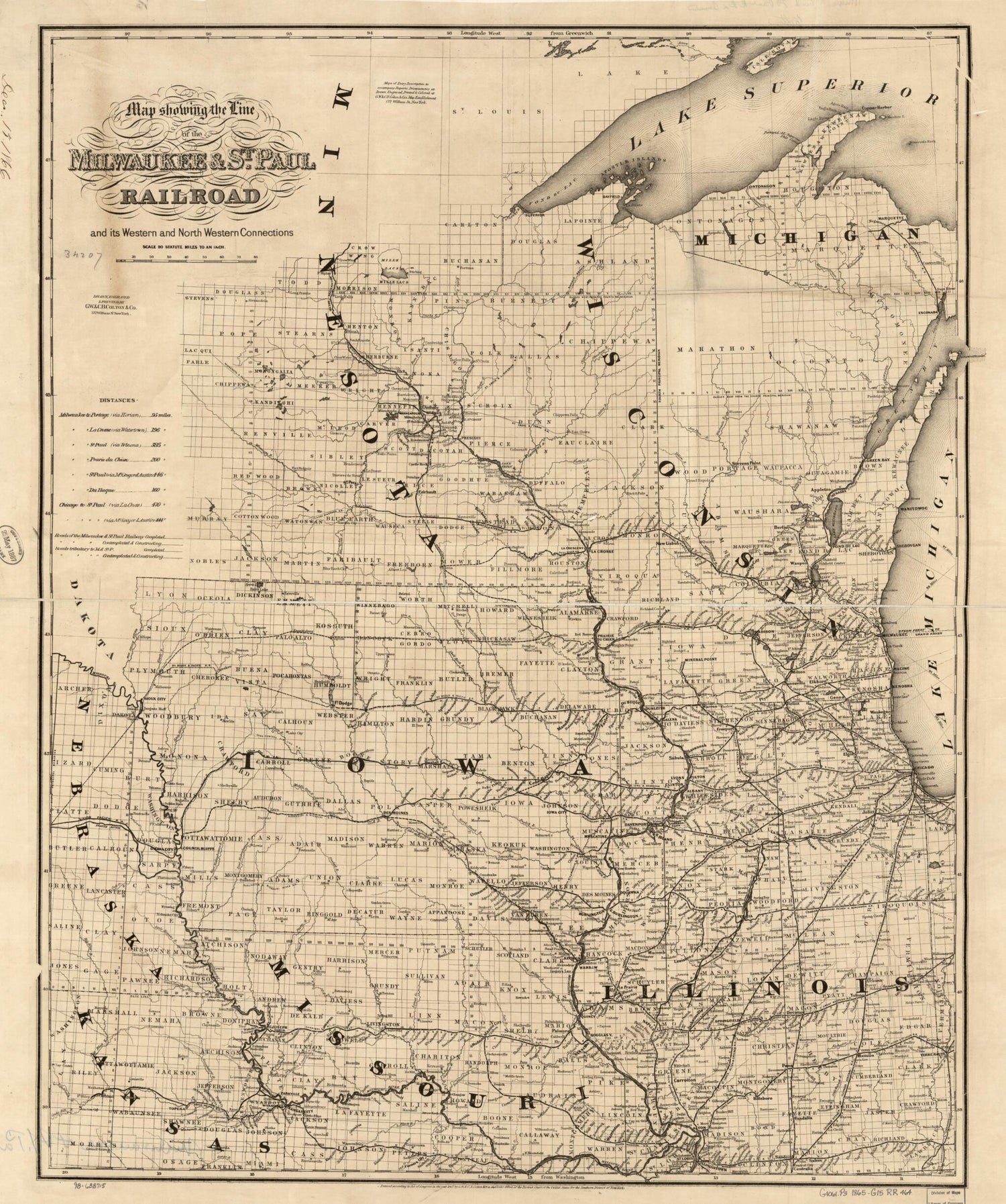 This old map of Map Showing the Line of the Milwaukee &amp; St. Paul Railroad and Its Western and North Western Connections from 1865 was created by  G.W. &amp; C.B. Colton &amp; Co,  Milwaukee and St. Paul Railway Company in 1865