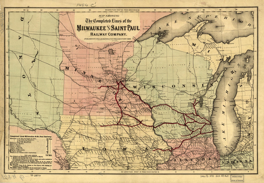 This old map of Map Showing the Completed Lines of the Milwaukee and Saint Paul Railway Company from 1872 was created by  G.W. &amp; C.B. Colton &amp; Co,  Milwaukee and St. Paul Railway Company in 1872