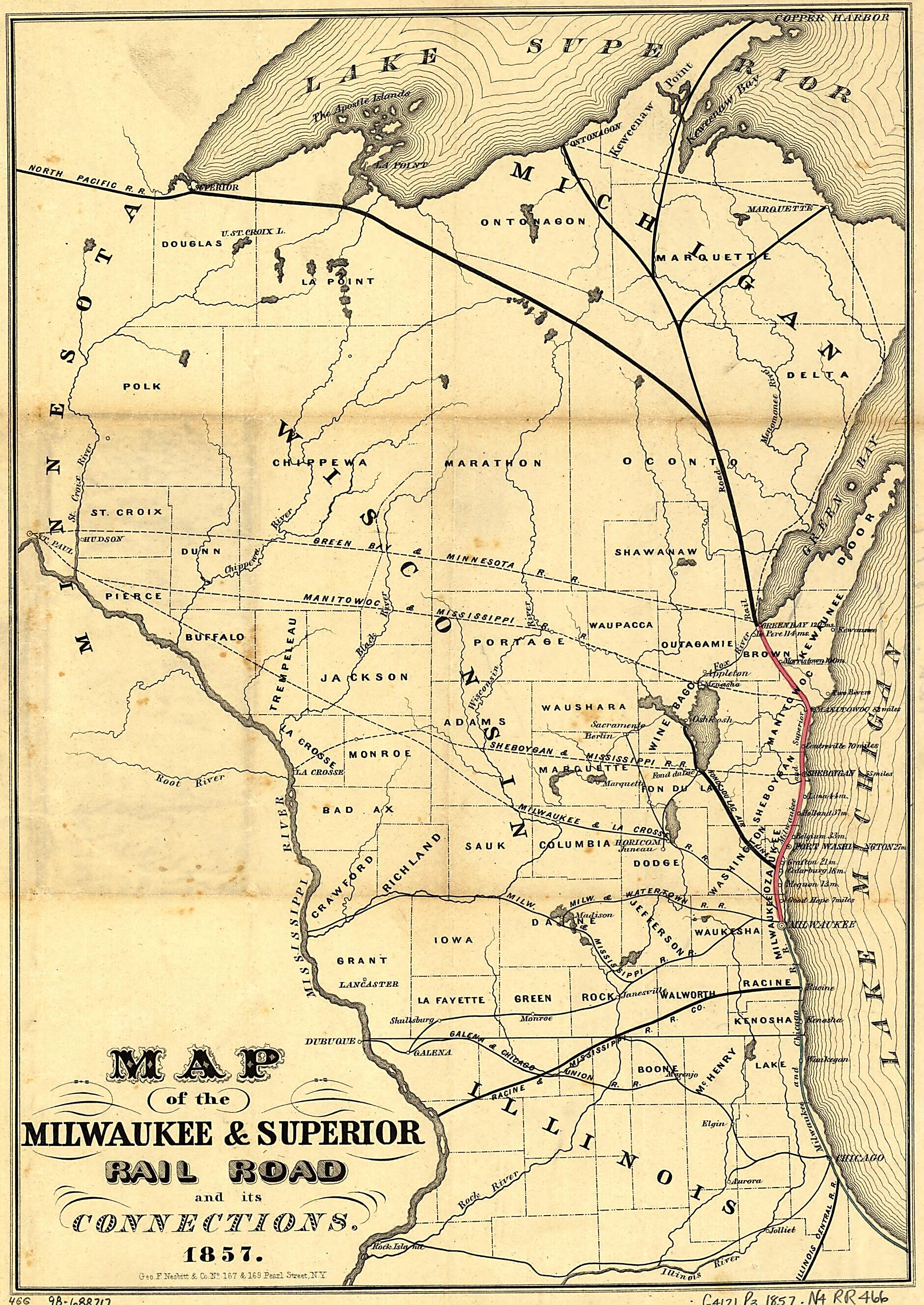 This old map of Map of the Milwaukee &amp; Superior Rail Road and Its Connections from 1857 was created by  Milwaukee and Superior Railroad Company,  Nesbitt (Geo. F.) &amp; Company in 1857