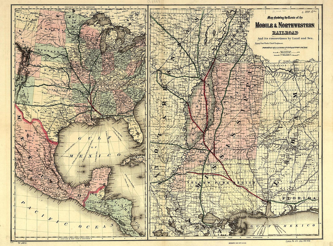 This old map of Map Showing the Route of the Mobile &amp; North Western Railroad, and Its Connections by Land and Sea; Henry Van Vleck Chief Engineer from 1871 was created by  G.W. &amp; C.B. Colton &amp; Co,  Mobile and Northwestern Railroad Company in 1871