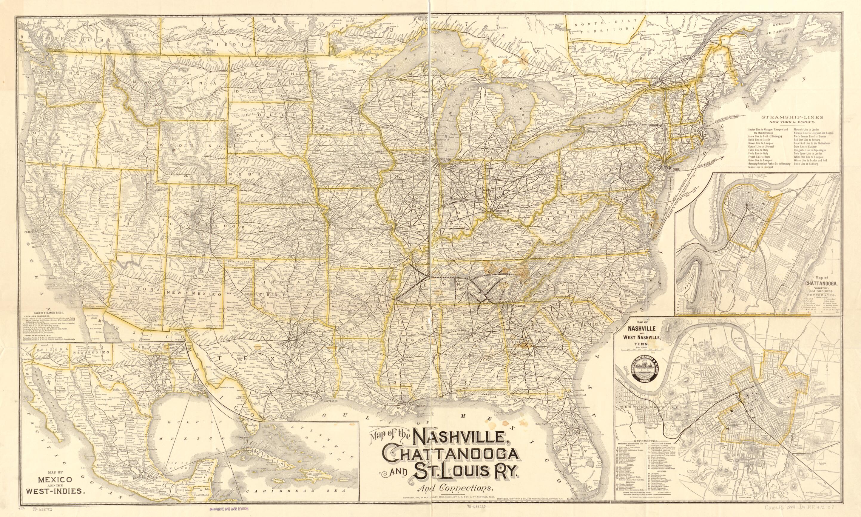 This old map of Map of the Nashville, Chattanooga and St. Louis Ry.; and Connections from 1889 was created by W. L. Danley, Chattanooga Nashville in 1889