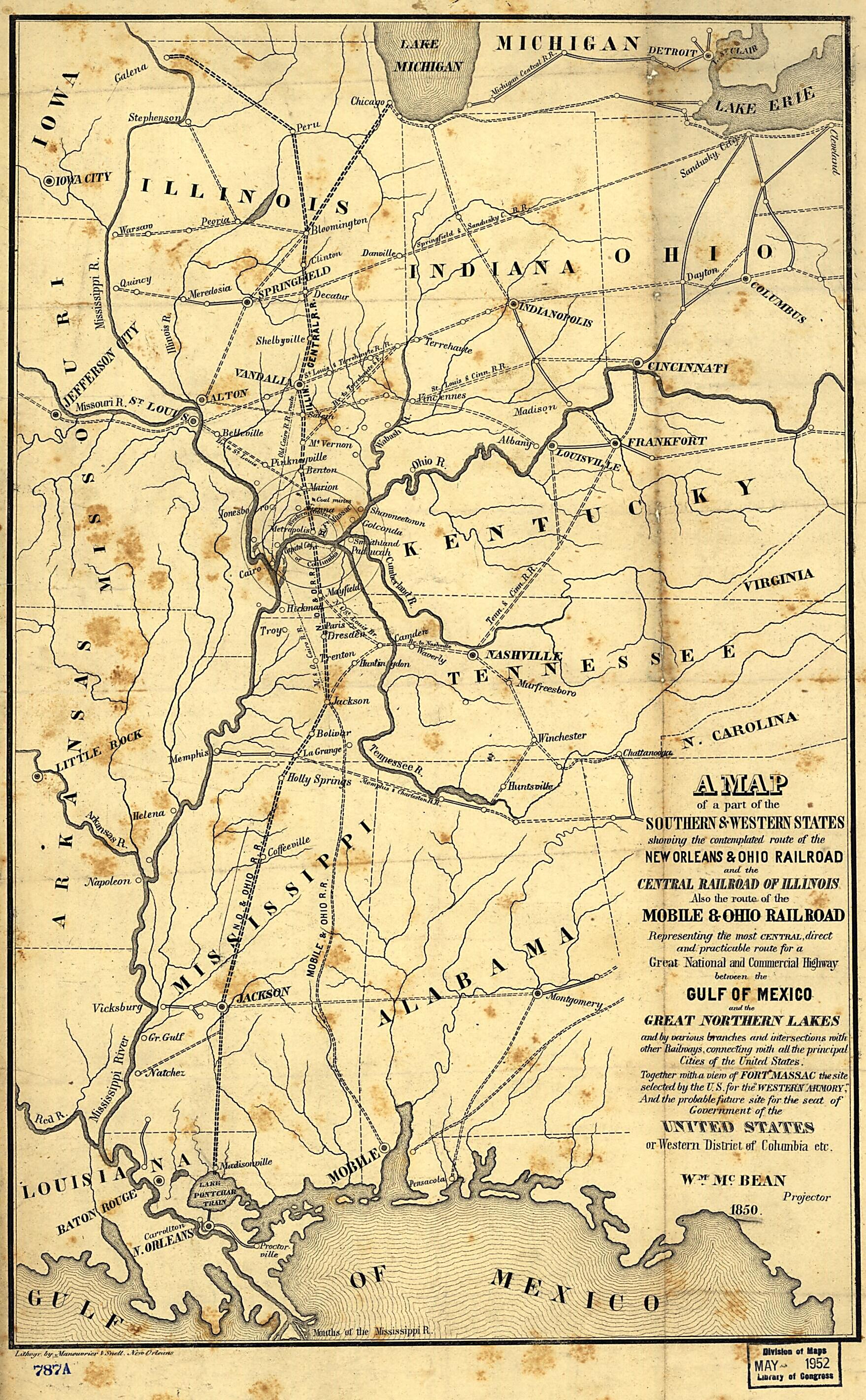 This old map of A Map of a Part of the Southern &amp; Western States Showing the Contemplated Route of the New Orleans &amp; Ohio Railroad and the Central Railroad of Illinois, Also the Route of the Mobile &amp; Ohio Railroad Representing the Most Central, Direct an