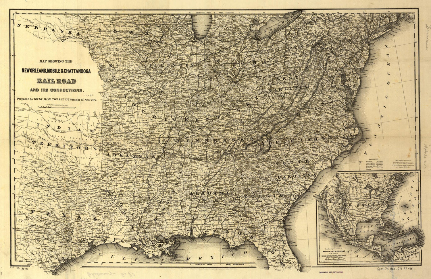 This old map of Map Showing the New Orleans, Mobile &amp; Chattanooga Railroad and Its Connections from 1865 was created by  G.W. &amp; C.B. Colton &amp; Co, Mobile New Orleans in 1865