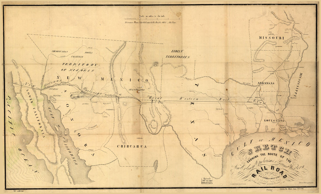 This old map of Sketch Showing the Route of the New Orleans, Opelousas &amp; Great Western Rail Road, J. G. Gibbes, Chief Engr., Lithographie sic Agent D. Theuret, Exange Alley, Nr. 130 from 1853 was created by Opelousas New Orleans, F. A. Okelomski in 1853