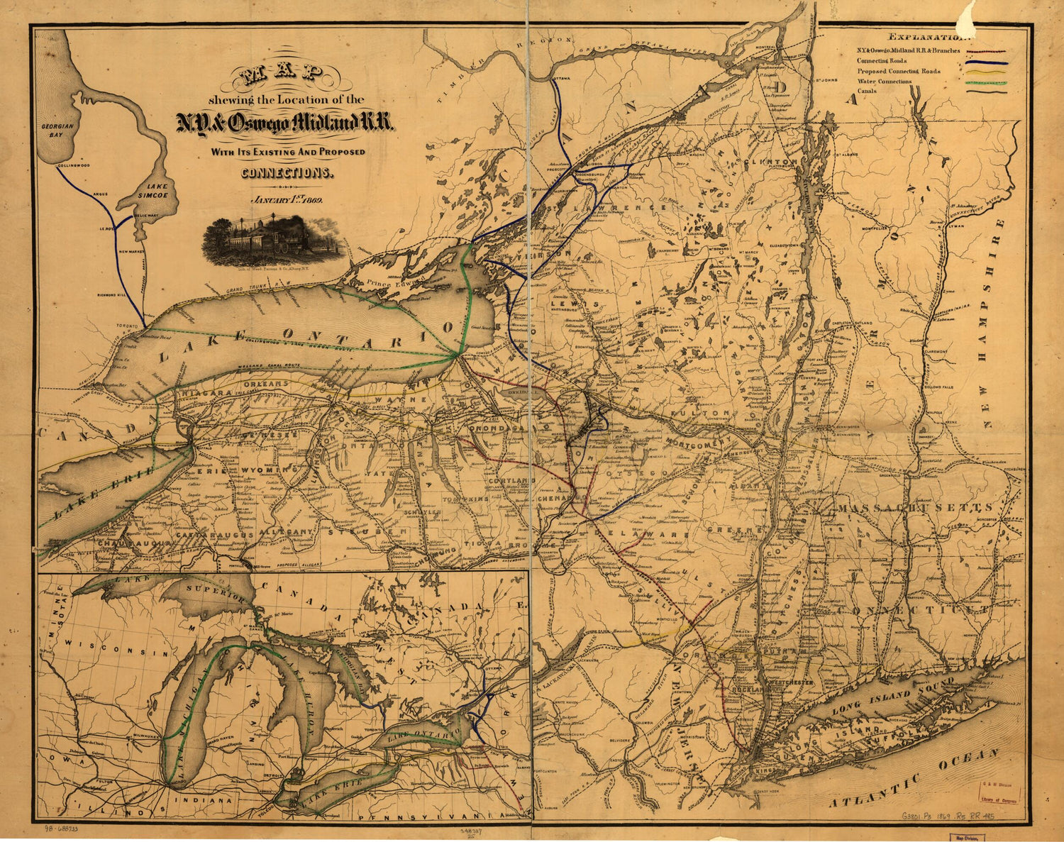 This old map of Map Showing the Location of the New York &amp; Oswego Midland R.R. With Existing and Proposed Connection, January 1st from 1869, by Van R. Richmond, State Eng was created by William B. Gilbert,  New York &amp; Oswego Midland Railroad, Van R. Rich
