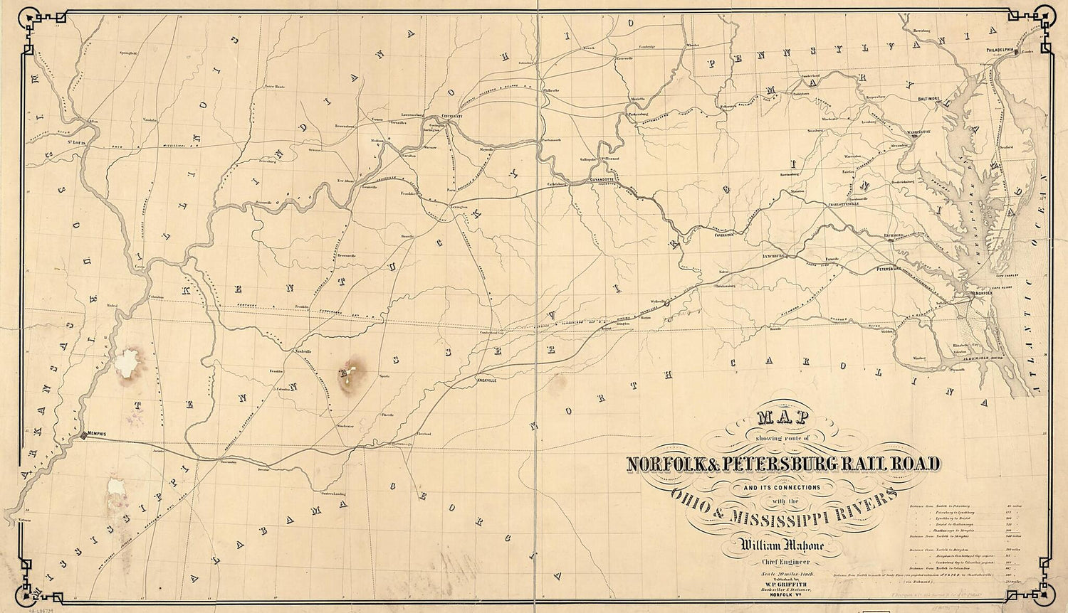 This old map of Map Showing Route of Norfolk &amp; Petersburg Rail Road and Its Connections With Ohio &amp; Mississippi Rivers, William Mahone, Chief Engineer, F. Bourquin &amp; County, Philada from 1858 was created by William Mahone,  Norfolk and Petersburg Railroa