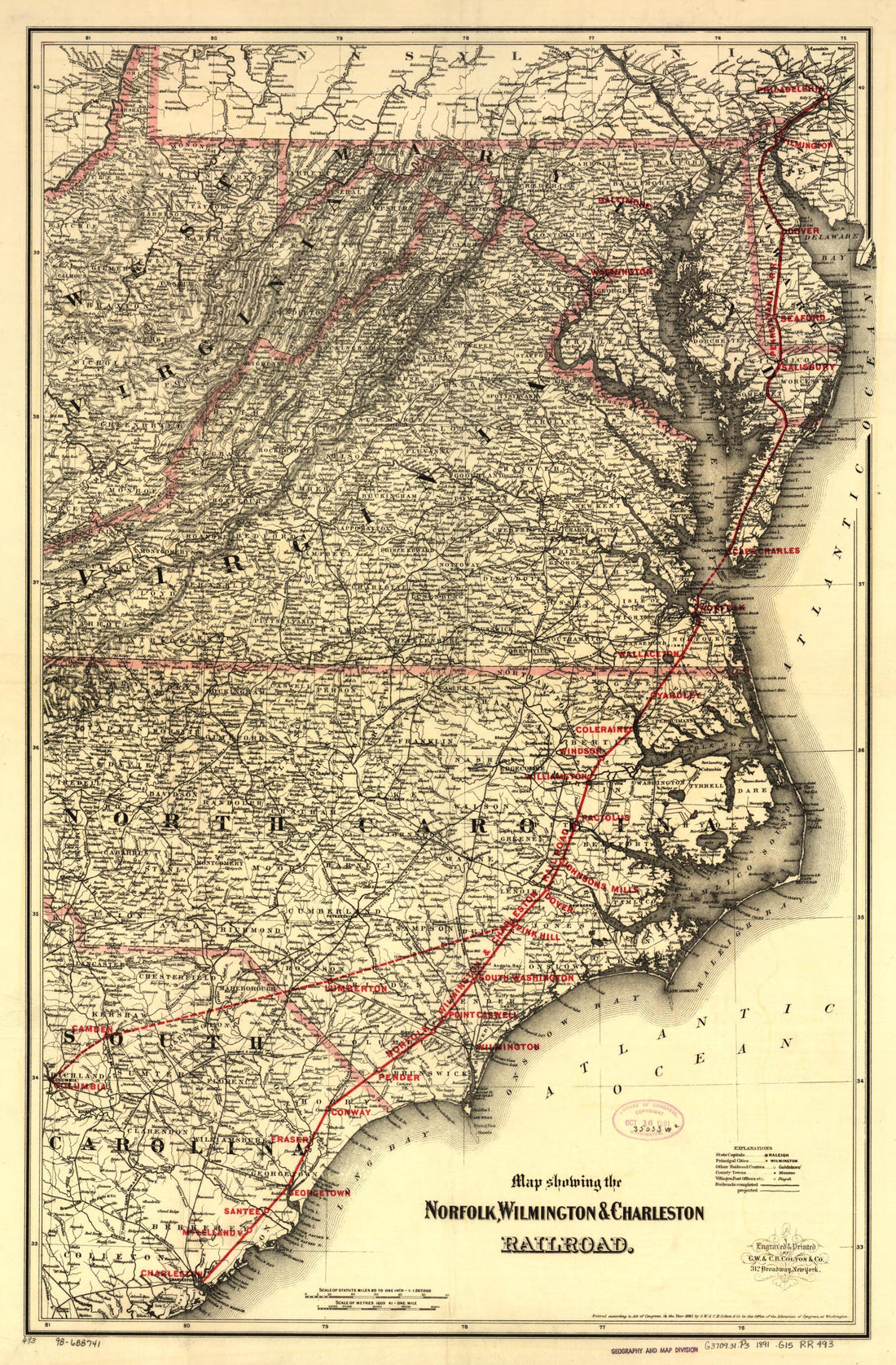 This old map of Map Showing the Norfolk, Wilmington &amp; Charleston Railroad from 1891 was created by  G.W. &amp; C.B. Colton &amp; Co, Wilmington Norfolk in 1891