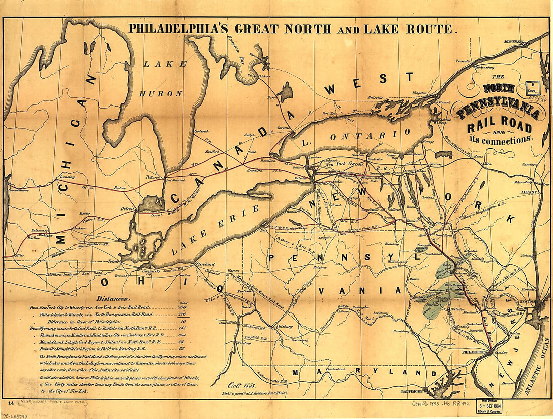 This old map of The North Pennsylvania Rail Road and Its Connections, Octr. from 1853 was created by Edward Miller,  North Pennsylvania Railroad Company in 1853