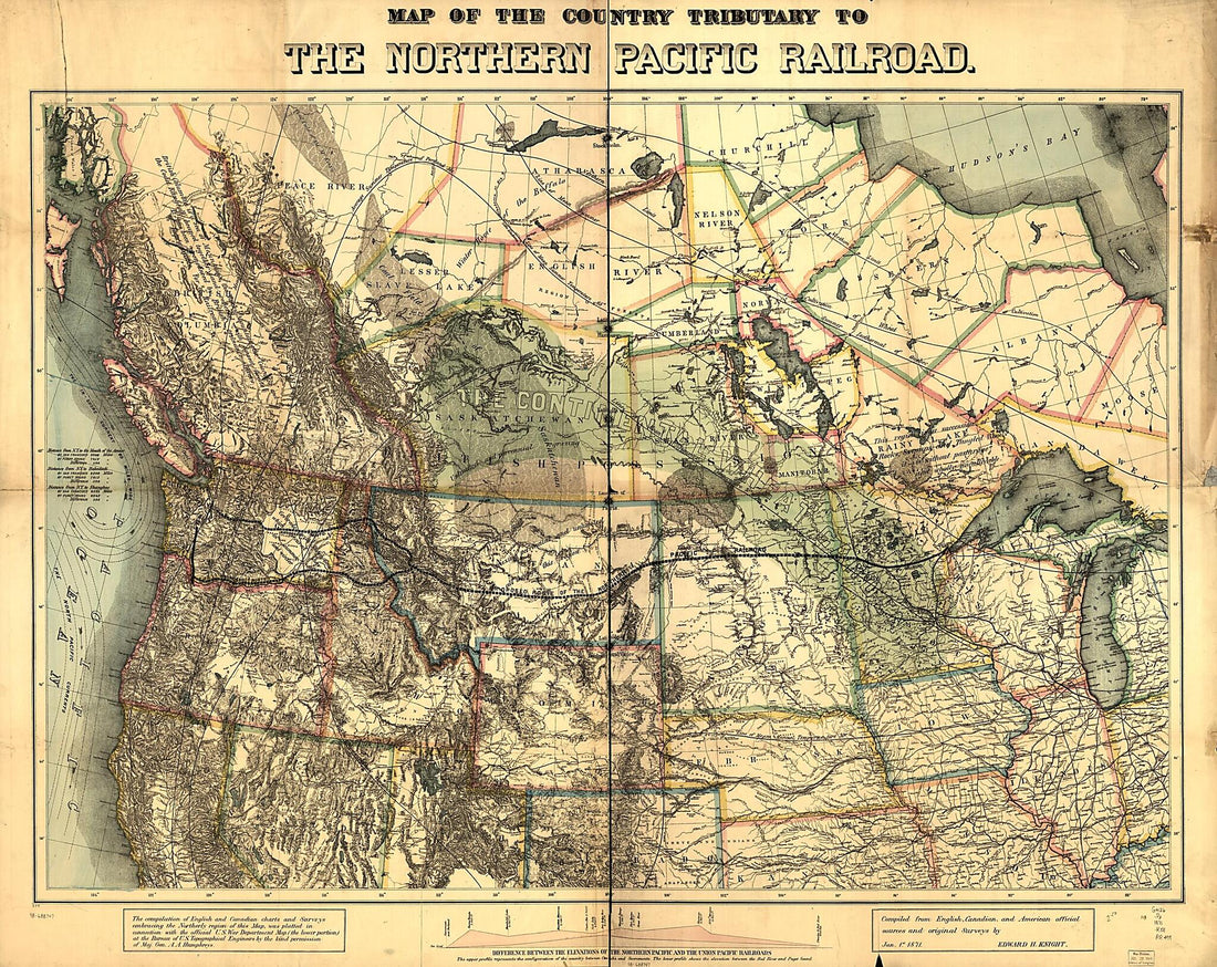 This old map of Map of the Country Tributary to the Northern Pacific Railroad, Compiled from English, Canadian, and American Official Sources and Original Surveys by Edward H. Knight, Jan. 1st from 1871 was created by E. H. (Edward H.) Knight,  Northern 