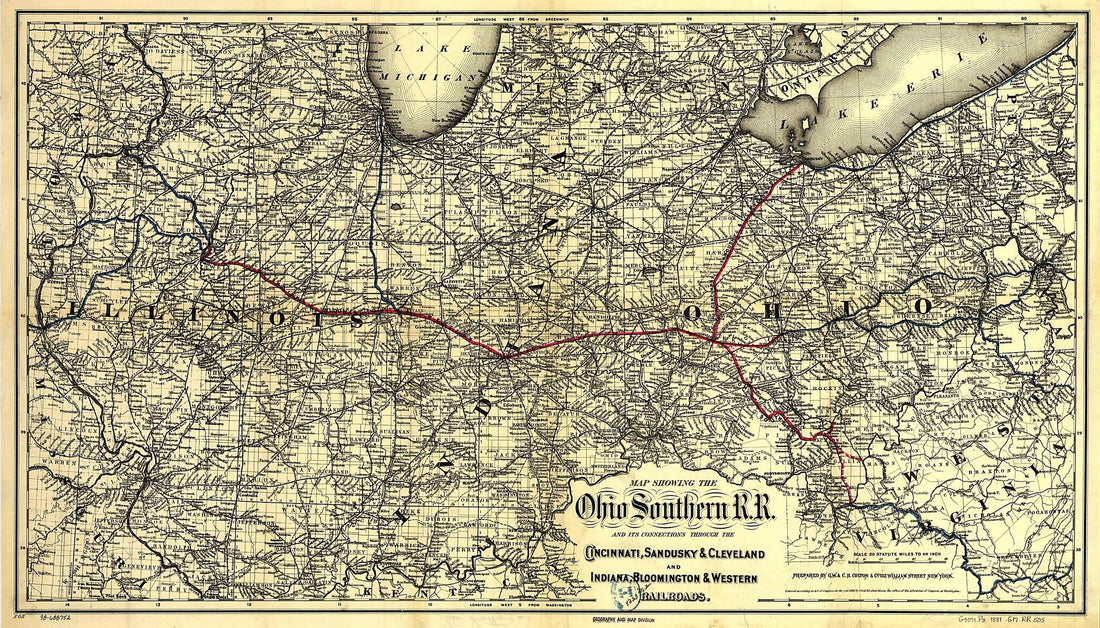 This old map of Map Showing the Ohio Southern Railroad and Its Connections Through the Cincinnati, Sandusky &amp; Cleveland and Indiana, Bloomington &amp; Western Railroads from 1881 was created by  G.W. &amp; C.B. Colton &amp; Co,  Ohio Southern Railroad in 1881