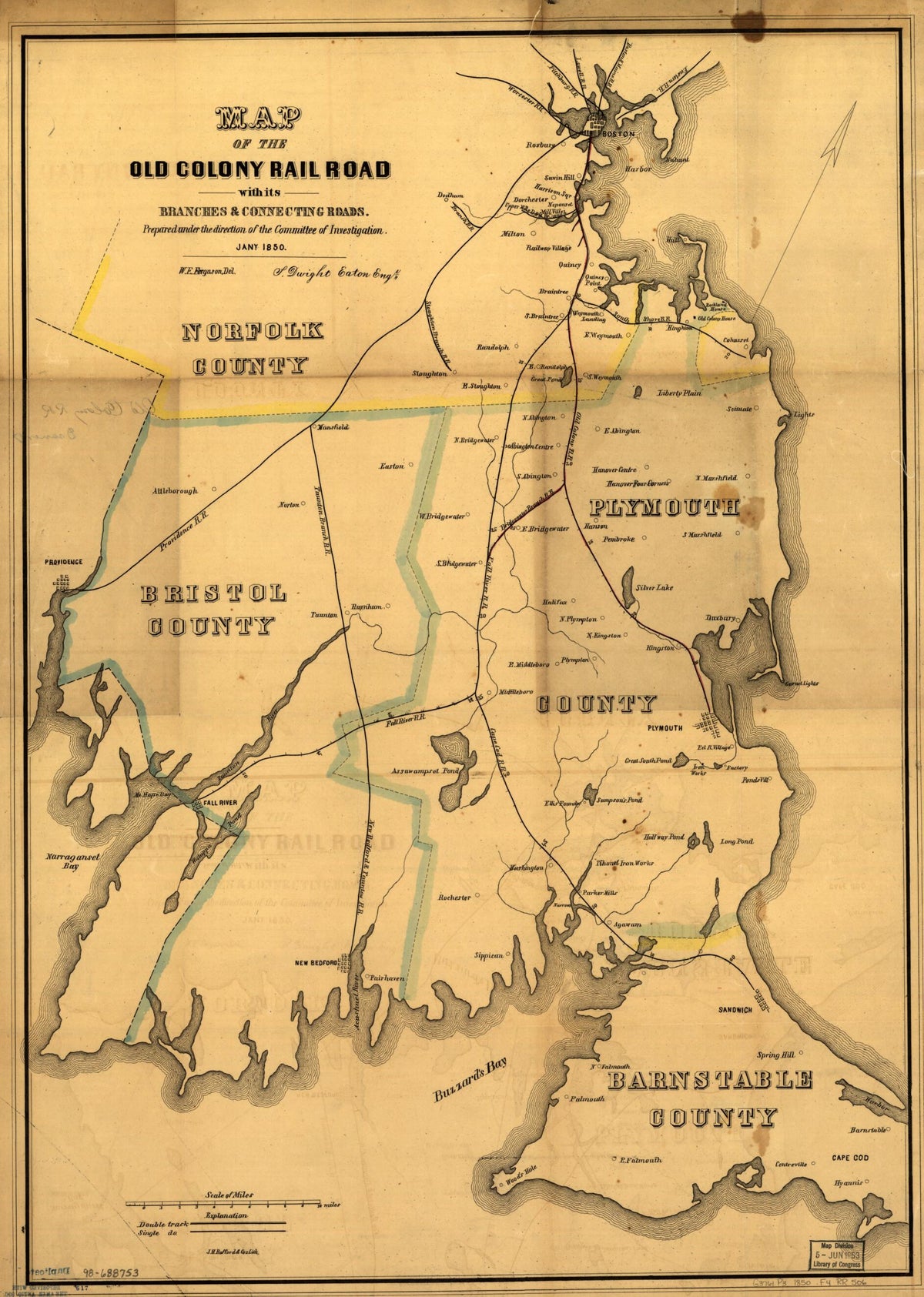 Map of the Old Colony Rail Road With Its Branches &amp; Connecting Roads, Prepared Under the Direction of the Committee of Investigation, Jany. 1850, S. Dwight Eaton, Engr by Relic Map Company