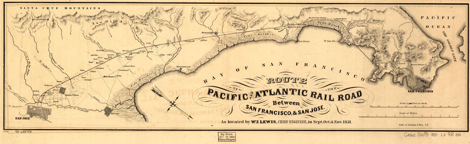 This old map of Route of the Pacific and Atlantic Rail Road Between San Francisco, &amp; San Jose, As Located by Wm. J. Lewis, Chief Engineer, In Sept. Oct. &amp; Nov. from 1851 was created by William J. Lewis,  Pacific and Atlantic Railroad Company in 1851