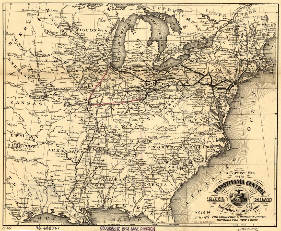 This old map of A Correct Map of the Pennsylvania Central Rail Road With Its Branches &amp; Connections, the Shortest &amp; Quickest Route Between the East &amp; West from 1854 was created by Edward Mendel,  Pennsylvania Railroad in 1854