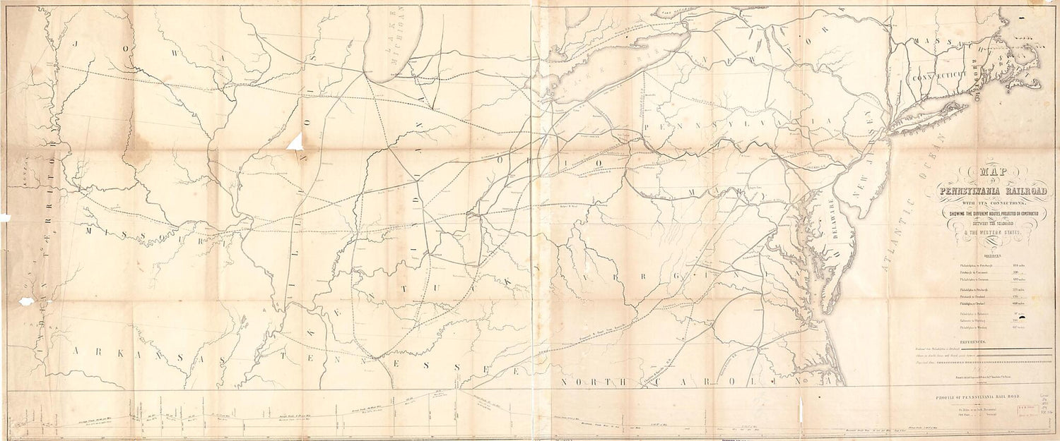 This old map of Map of Pennsylvania Railroad With Its Connections, Showing the Different Routes, Projected Or Constructed Between the Seaboard &amp; the Western States from 1851 was created by  Friend &amp; Aub,  Pennsylvania Railroad in 1851